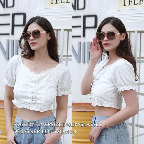 Womens Gold Fashion Sunglasses Square Frame With Pearl Sparkling Eyes Protection - Picture 2 of 15